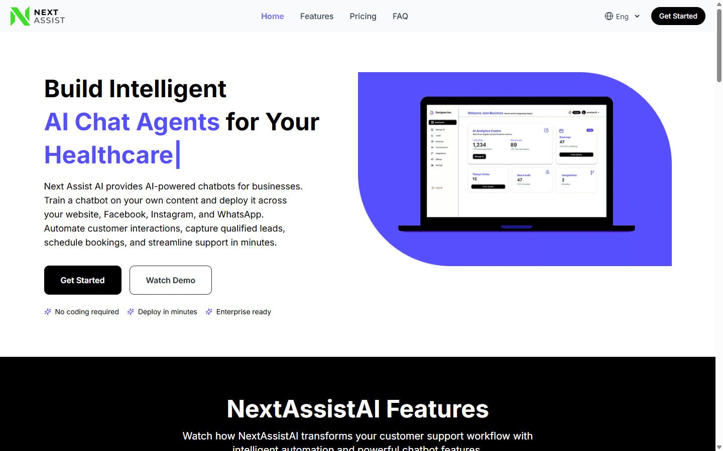 NextAssistAi's landing page showing its chatbot analytics dashboard