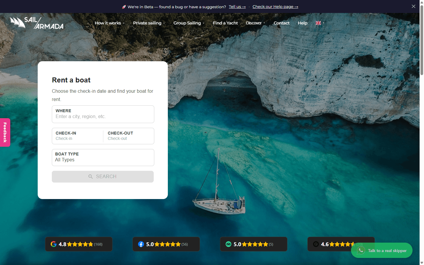 Sailarmada charter booking page with its boat search panel over a coastal photograph