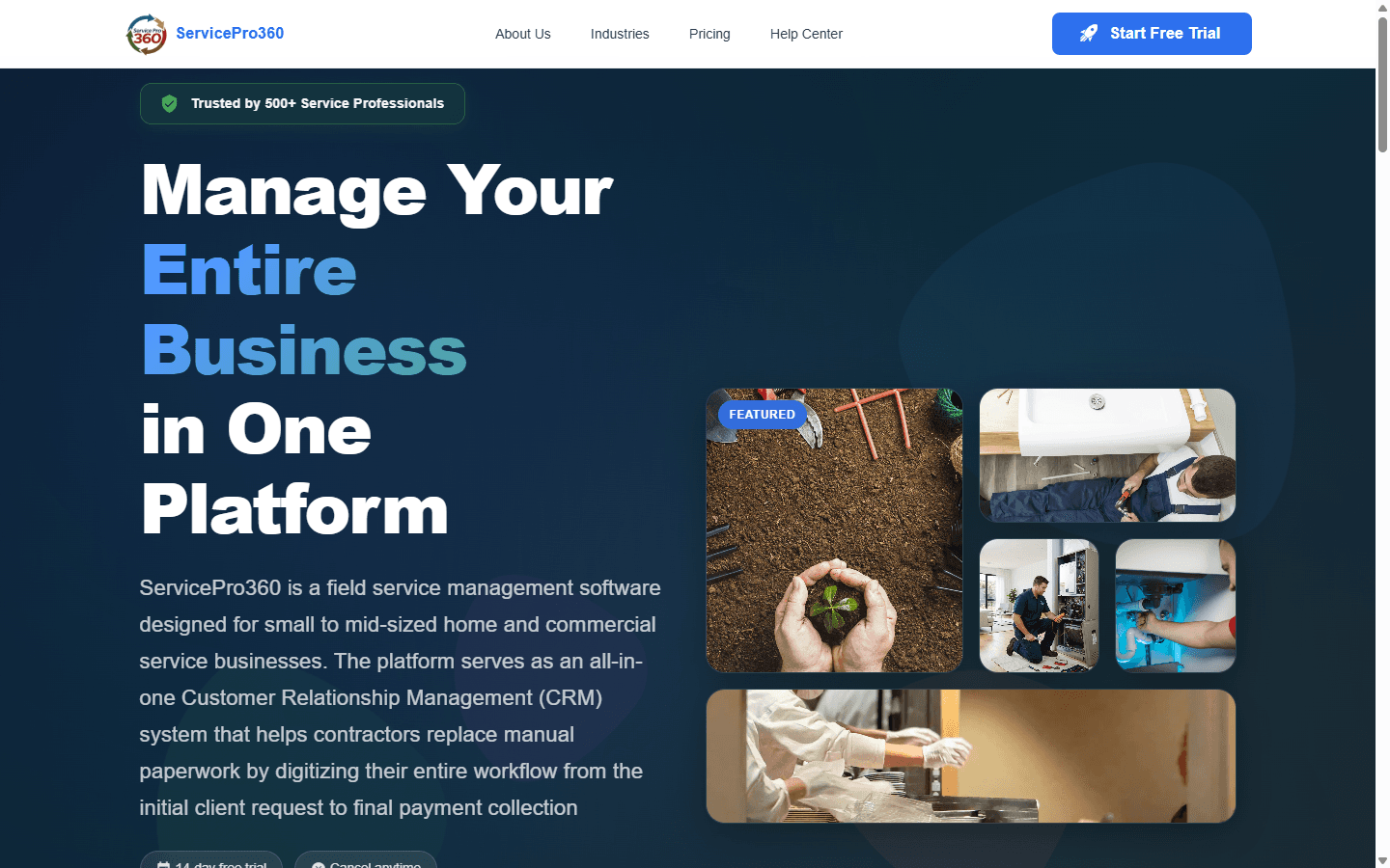 ServicePro360 landing page describing its all-in-one field service management platform