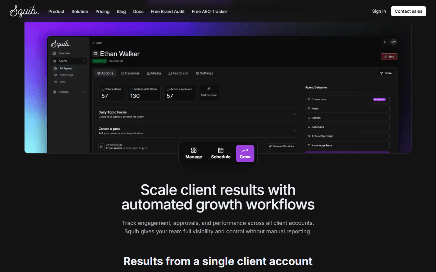 The Squib dashboard showing an AI persona's actions, approvals and agent behaviour controls